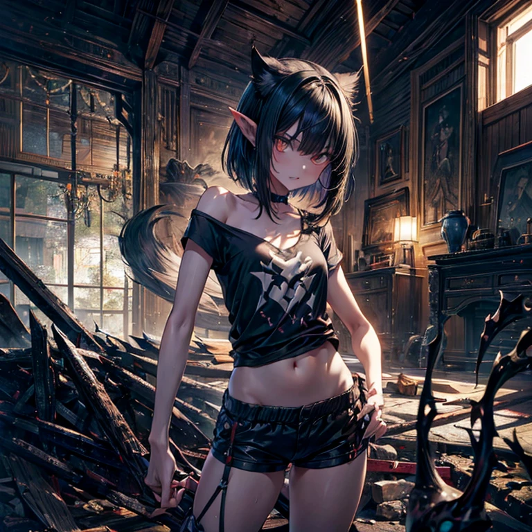 girl with tail, pointy ears, sharped teeth, claws nas mãos e pés, semi-human, sensuous, wearing shorts and t-shirt, short layered hair, fully body, adolescent, standing backwards, slender, In a room, shoulder length black hair, claws, Sauvage