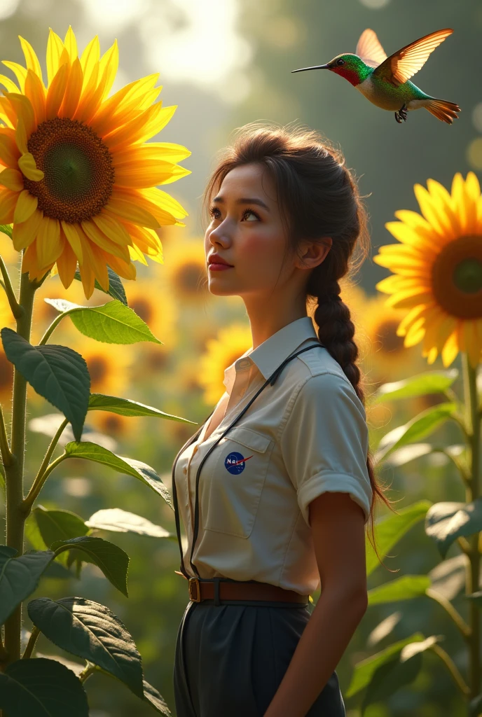 A Nasa teacher with a sunflower and a hummingbird