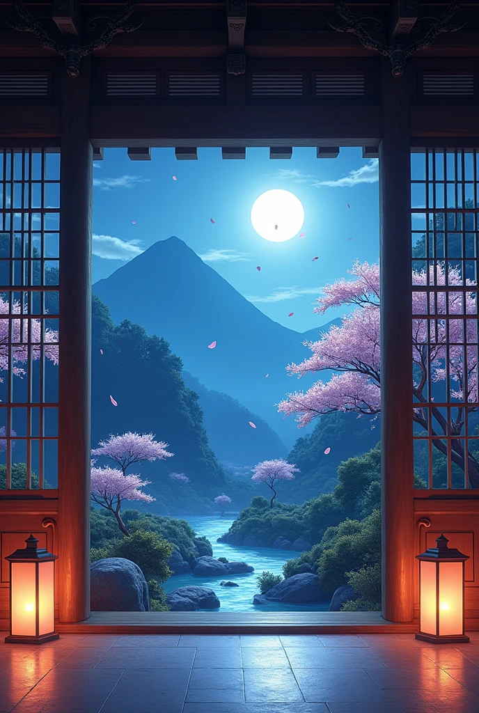 Create a background inside a Japanese temple that looks out at night and is animated