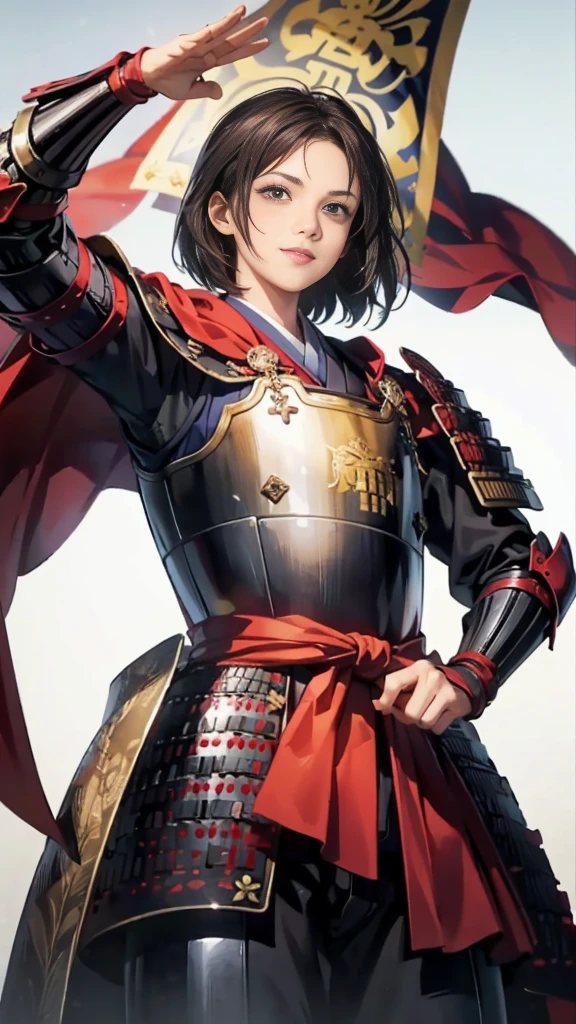 Beautiful woman with dark hair：1.3, Amazing character art, ((Knight Armor:1.3 )),((Pure white background)), (8k, RAW photo, best quality), Handsome，Beautiful female knight, 2. 5D CGI Anime Fantasy Artwork, Detailed digital art, Very nice work of art, Fan Art Best Art Station, (Red velvet long cape),(Stretch your open hand forward:1.3), (Hands on hips),(on stage:1.2),((From below)),Eyes looking into the distance,(A female general gives orders to her soldiers:1.3),Muscular,(samurai:1.2),dynamic,Confident,An inappropriate smile,Overbearing,samurai：1.2,Japan