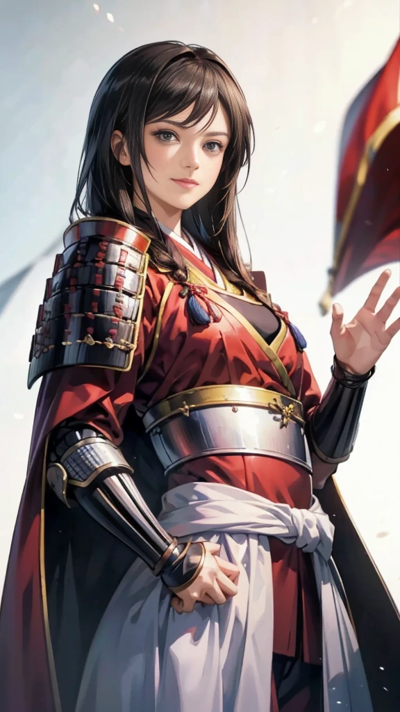 Beautiful woman with dark hair：1.3, Amazing character art, ((Knight Armor:1.3 )),((Pure white background)), (8k, RAW photo, best quality), Handsome，Beautiful female knight, 2. 5D CGI Anime Fantasy Artwork, Detailed digital art, Very nice work of art, Fan Art Best Art Station, (Red velvet long cape),(Stretch your open hand forward:1.3), (Hands on hips),(on stage:1.2),((From below)),Eyes looking into the distance,(A female general gives orders to her soldiers:1.3),Muscular,(samurai:1.2),dynamic,Confident,An inappropriate smile,Overbearing,samurai：1.2,Japan