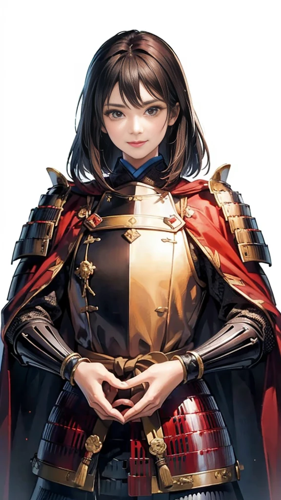 Beautiful woman with dark hair：1.3, Amazing character art, ((Knight Armor:1.3 )),((Pure white background)), (8k, RAW photo, best quality), Handsome，Beautiful female knight, 2. 5D CGI Anime Fantasy Artwork, Detailed digital art, Very nice work of art, Fan Art Best Art Station, (Red velvet long cape),(Stretch your open hand forward:1.3), (Hands on hips),(on stage:1.2),((From below)),Eyes looking into the distance,(A female general gives orders to her soldiers:1.3),Muscular,(samurai:1.2),dynamic,Confident,An inappropriate smile,Overbearing,samurai：1.2,Japan