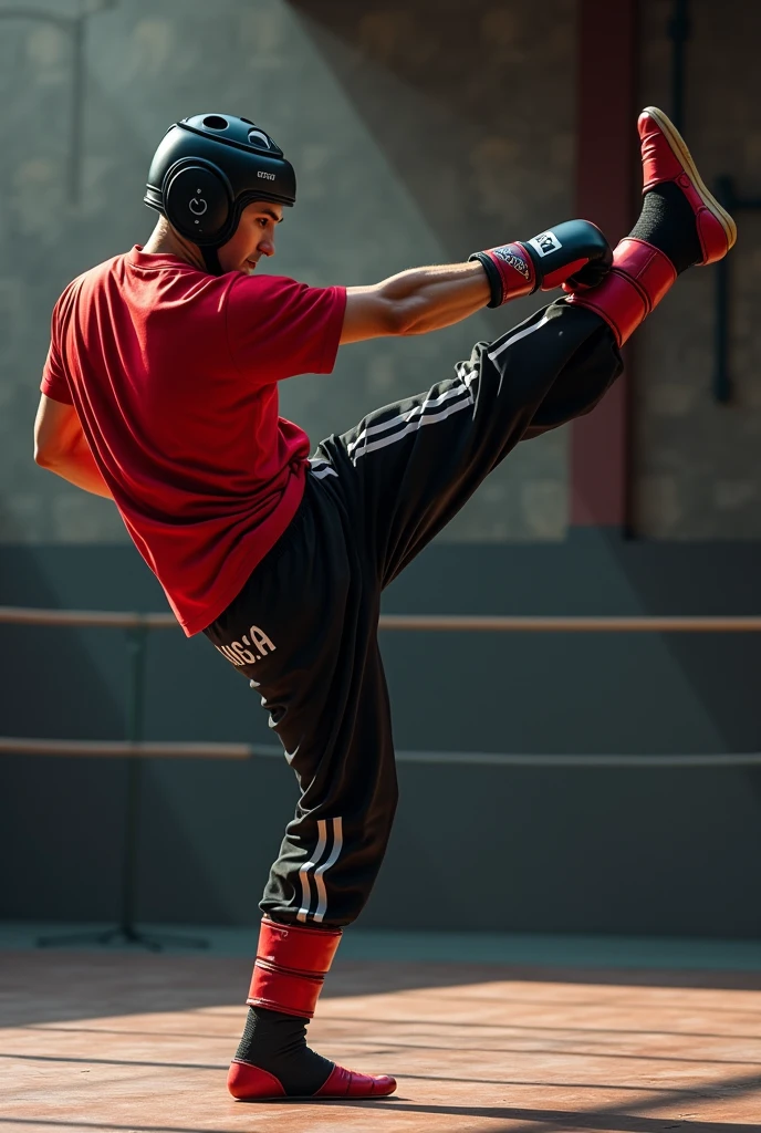 (photorealism:1.2),Man kicking side high at head height wearing red shirt, black belt black sweatpants with black stripes, with point figthing gloves on hands, point figthing pateras on feet, and point figthing helmet on head