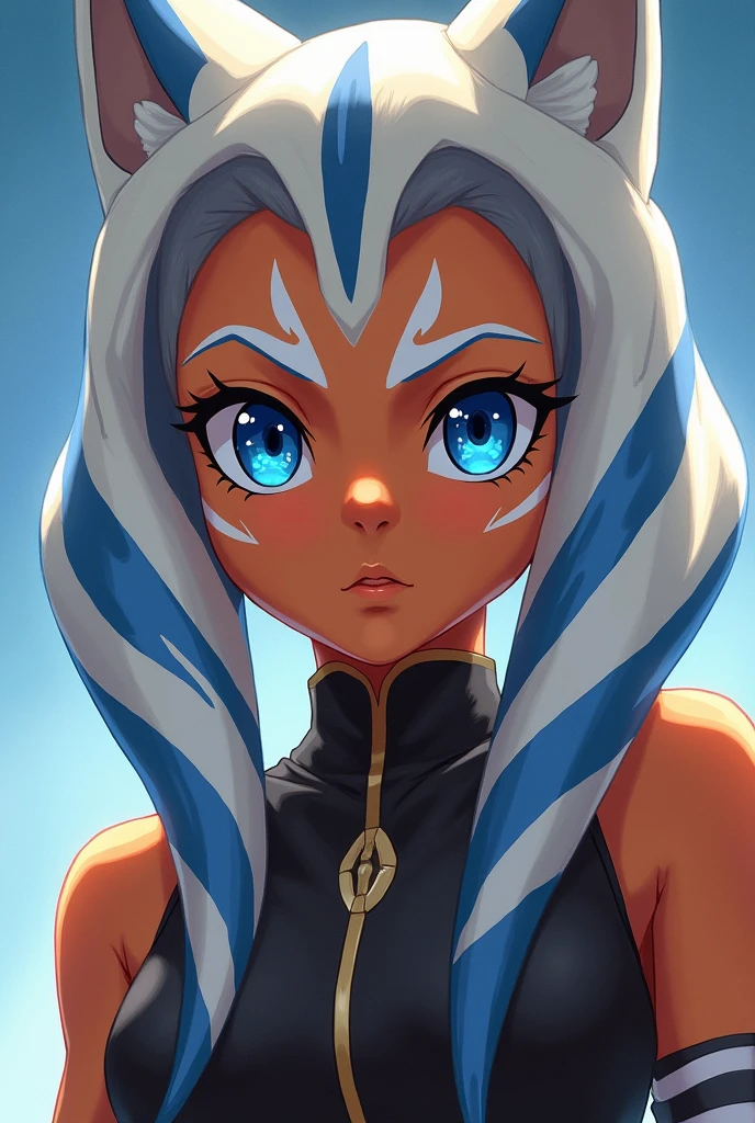 Ahsoka Tano, anime togruta girl, Star Wars, Togruta specime, in a secret organization outfit, her eyes are serene, she is coming out of a battle, beautiful eyes, blue eyes