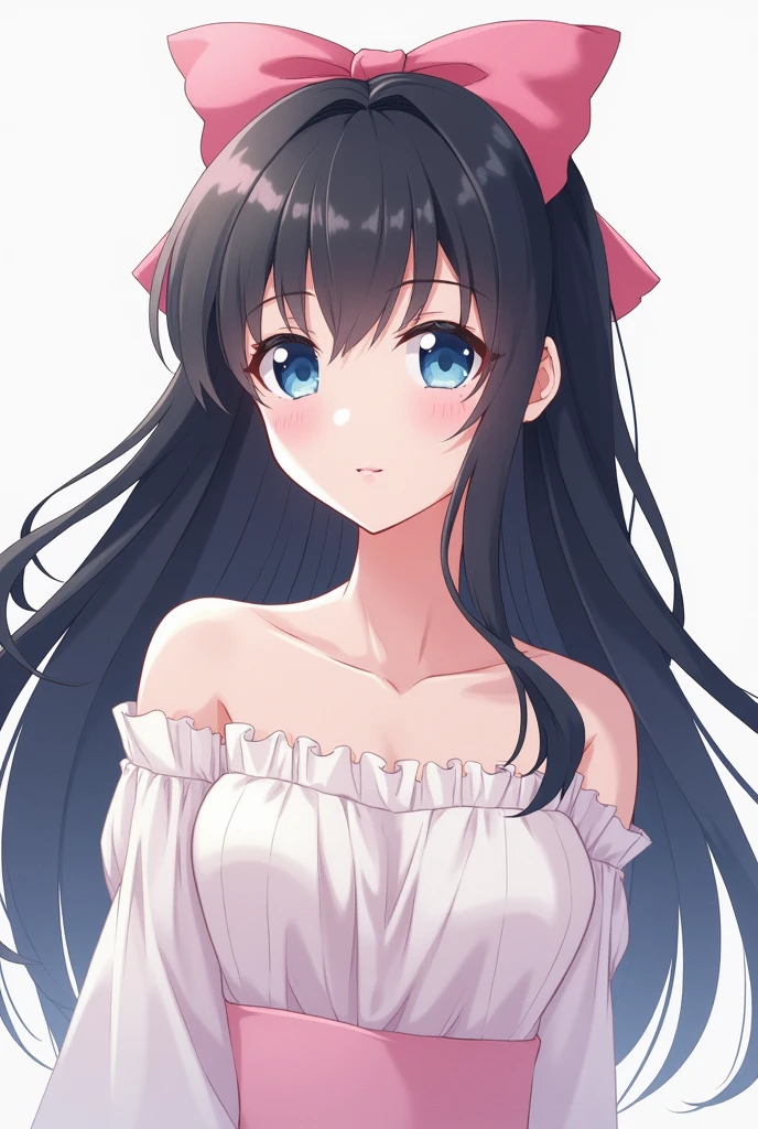 white woman with long black hair, bangs, blue eyes, pink bow in her hair, neutral expression, photo showing only her bust, white and pink clothes estilo anime