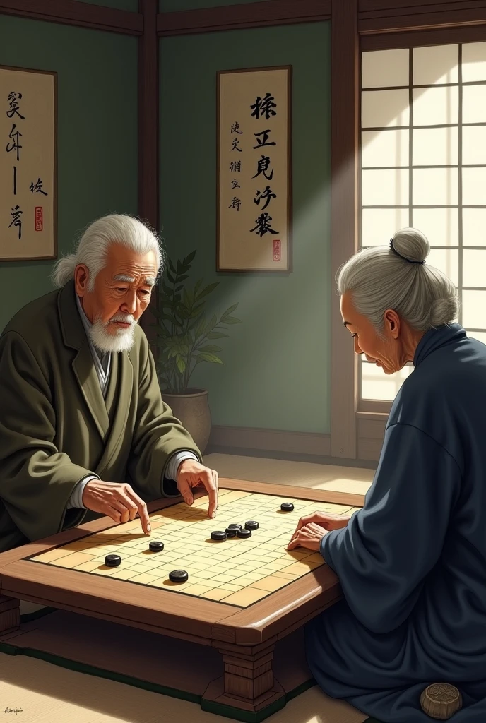 black dragons and two chinese old men's were playing mahjong board, they all sat in the middle of the village on the grass