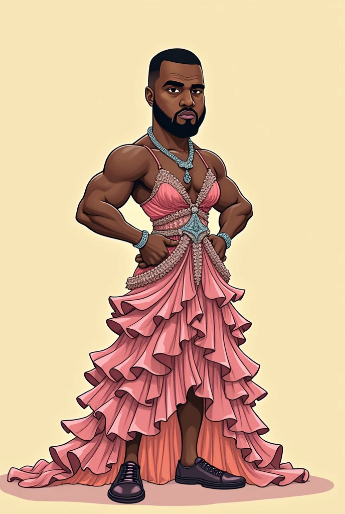 Create a cartoon style image of Kanye West wearing a dress.