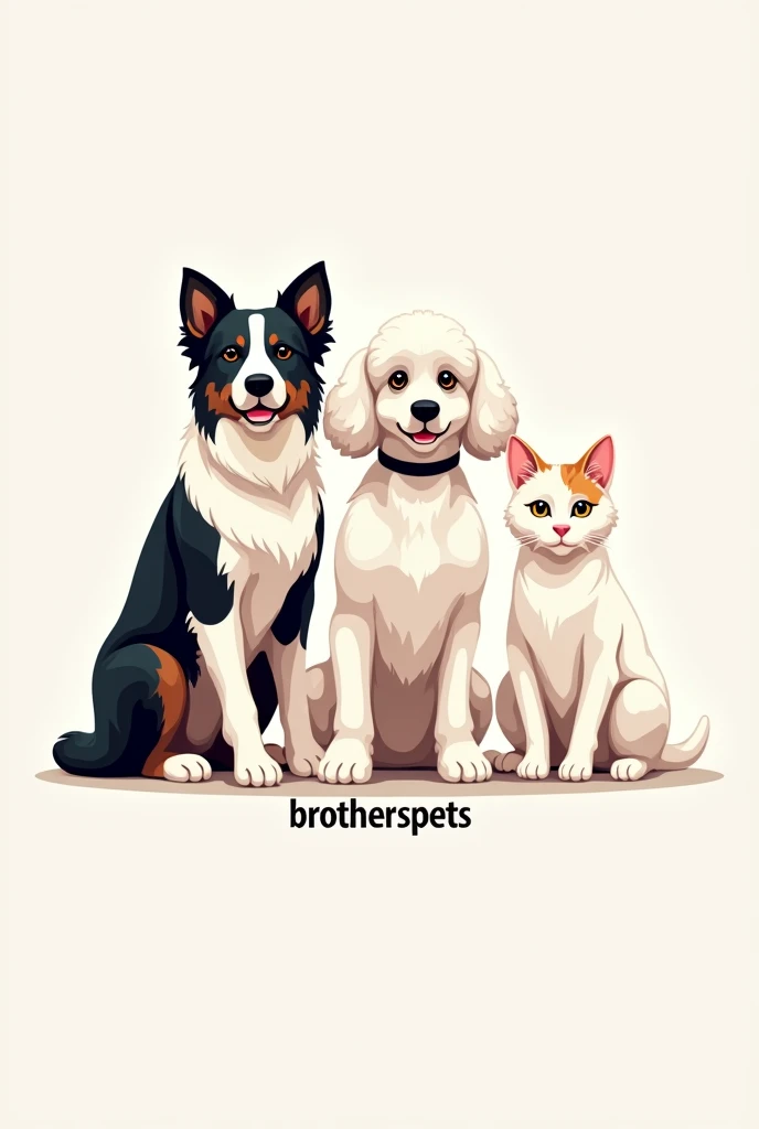 Create a logo for me featuring a black and white border collie, a white poodle, and a white cat with a light brown spot on its head. They should be positioned side-by-side, and the name "brotherspets" should be included.