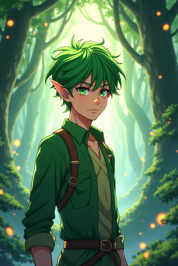 Elf man with short curly hair anime style
