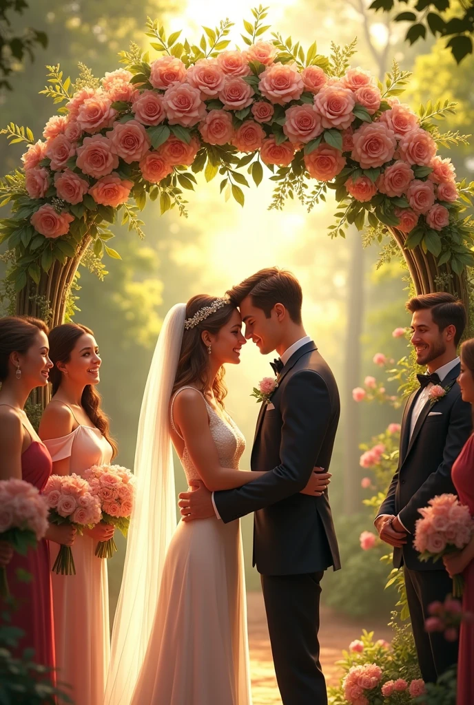 Arthur and Cain on their wedding day, Exchanging vows under a floral arch in a beautiful, sunny garden. Both are elegantly dressed and look at each other with deep emotion. Around them, Their friends and family cheer and smile, Celebrating their love. Semi realistic style
