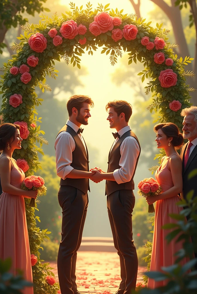 Arthur and Cain on their wedding day, Exchanging vows under a floral arch in a beautiful, sunny garden. Both are elegantly dressed and look at each other with deep emotion. Around them, Their friends and family cheer and smile, Celebrating their love. Semi realistic style