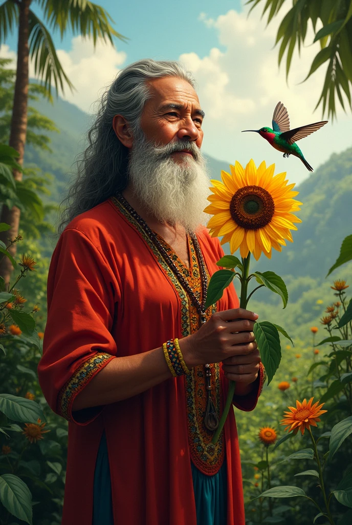 An indigenous Naso community teacher with a sunflower and a hummingbird