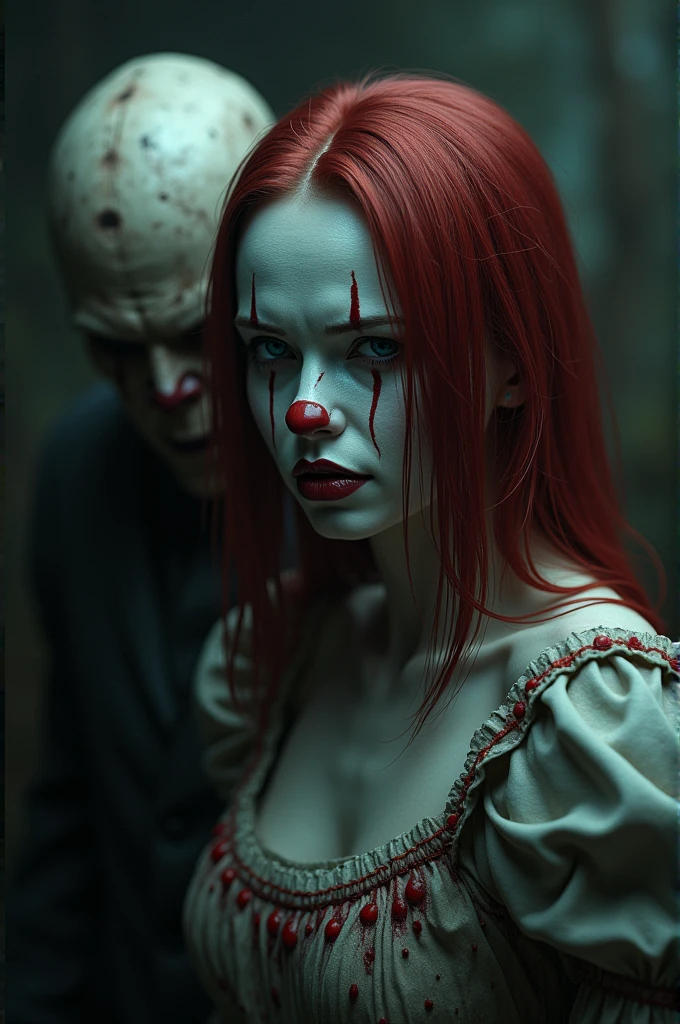 Pennywise female version with white skin straight red hair, crying,con eyeless jack 