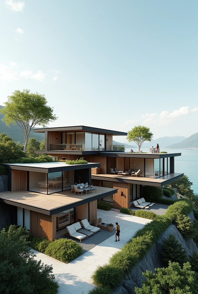 Create a horizontal image of 3 beautiful modern houses