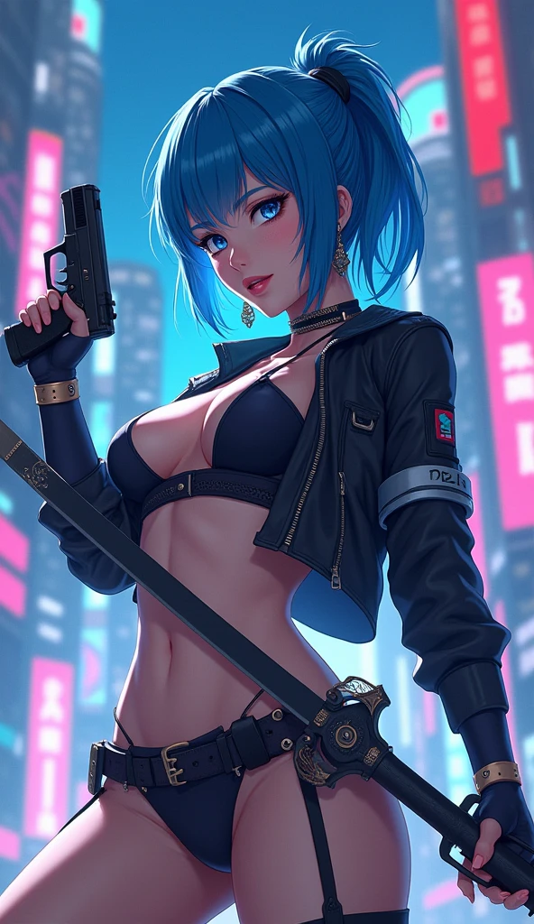 an anime, a sensual blue-haired girl, blue eyes, dressed as a cyberpunk mercenary, urban style, she wields a sword in one hand and a pistol in the other, in the background a futuristic city dazzles with its neon lights.