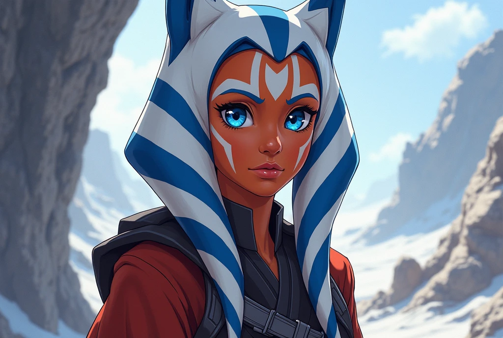 Ahsoka Tano, anime togruta girl, Star Wars, Togruta specime, in a secret organization outfit, her eyes are serene, she is coming out of a battle, beautiful eyes, blue eyes