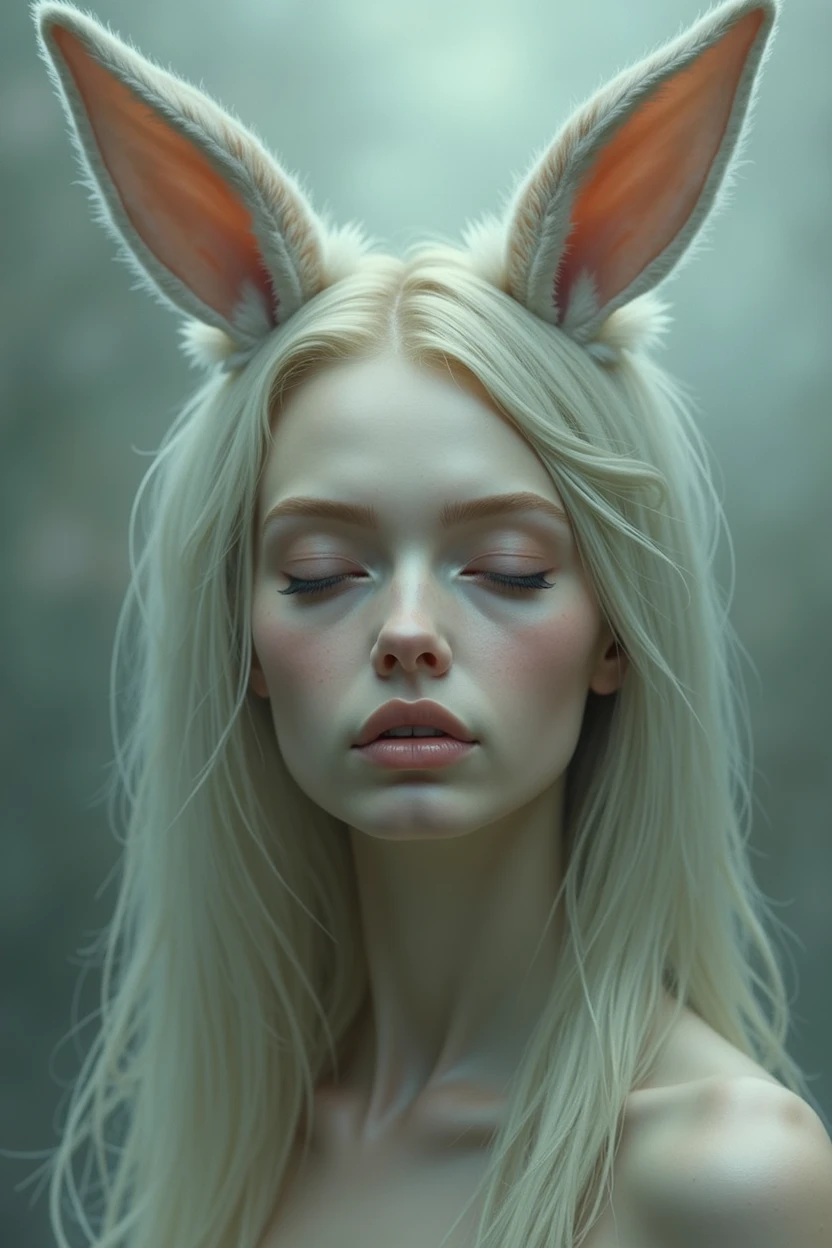 A woman with rabbit ears made of hair