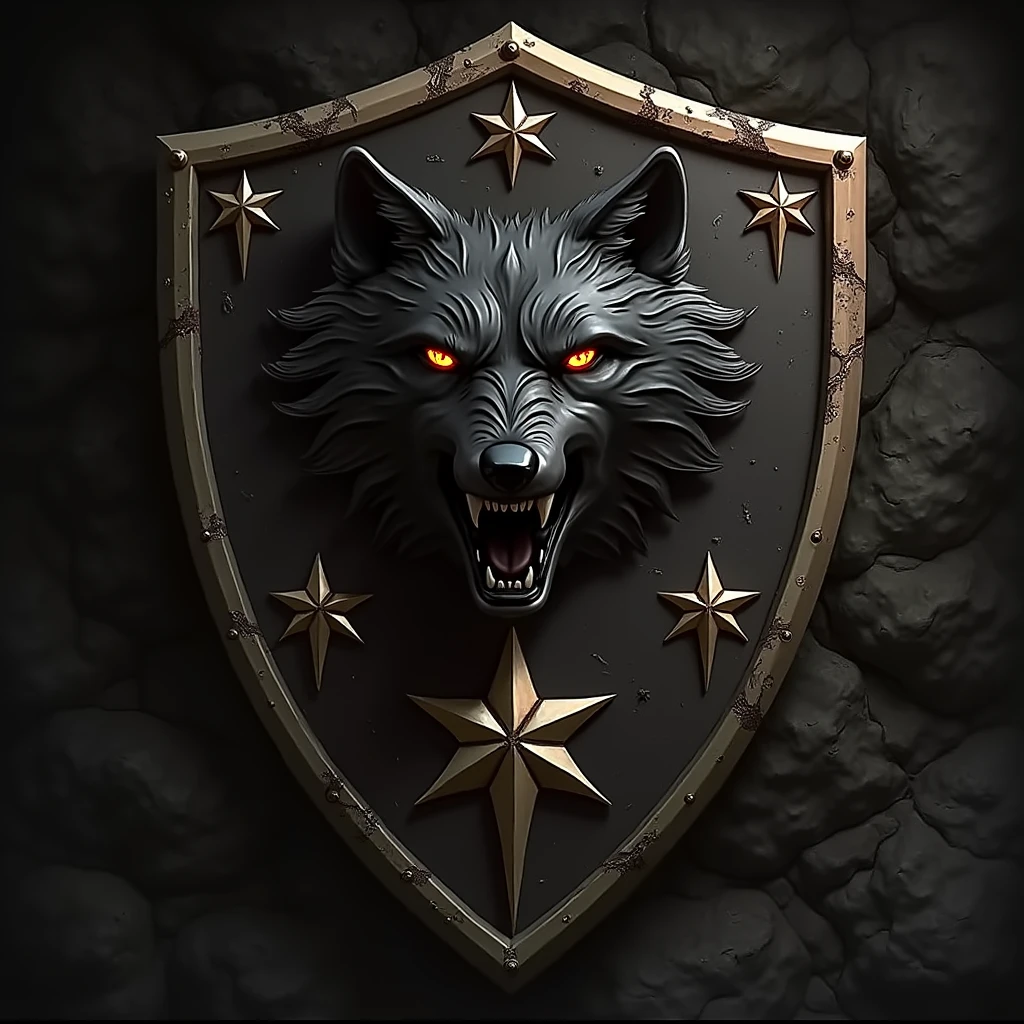 Black shield with a wolf's head, place the representation of 4 stars on them.