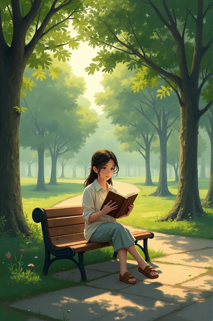 Create a girl reading a book on a park bench
