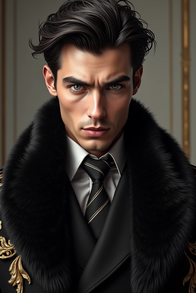 Book cover with the face of a young man with gray eyes,black hair , A mafioso wearing a black fur scarf with gold decorations on the sides.