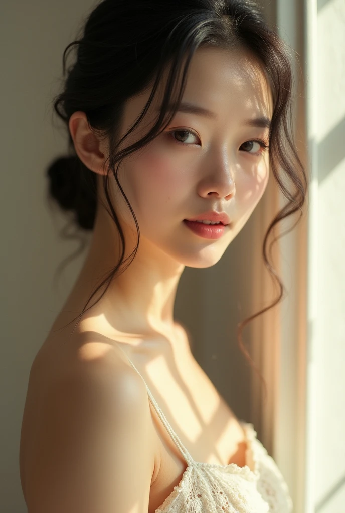 Japanese woman in natural light、She is completely naked, with a close-up of her chest and serene expression.、It shows her inner peace and outer charm.。