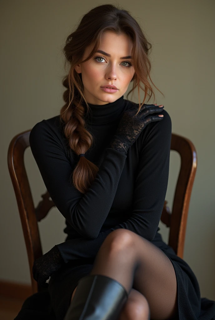 brown hair color、single braid、cute face、 she wears a turtleneck and a skirt.、black pantyhose、sitting on a chair、crossed legs、Wearing black lace gloves、wearing boots、adult german woman、full body portrait、indoor.、