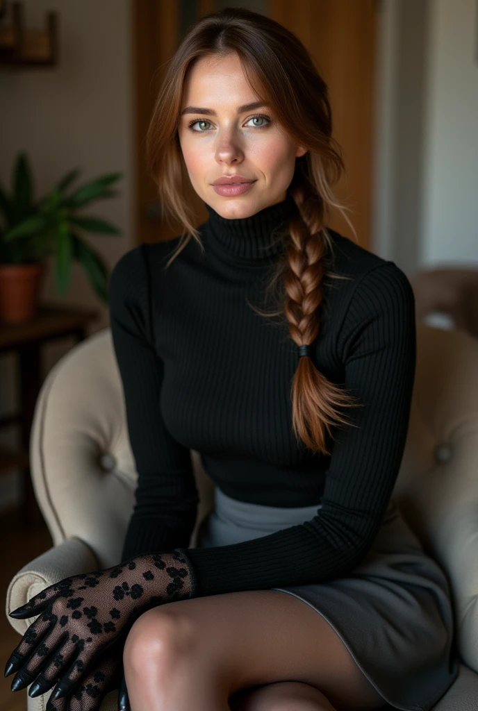 brown hair color、single braid、cute face、 she wears a turtleneck and a skirt.、black pantyhose、sitting on a chair、crossed legs、Wearing black lace gloves、wearing boots、adult german woman、full body portrait、indoor.、