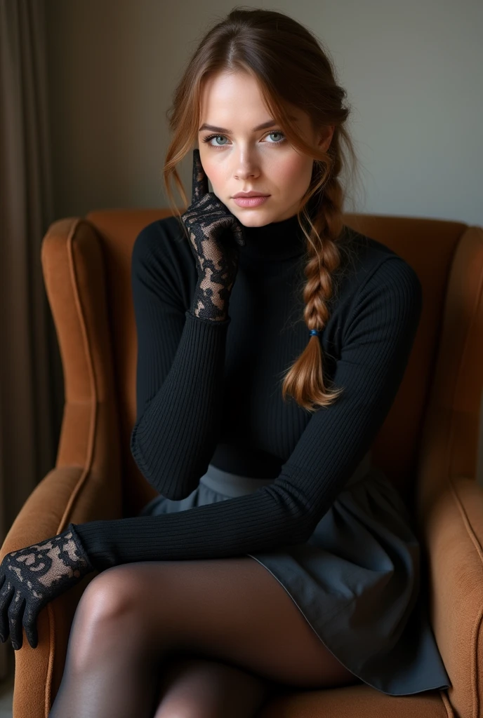 brown hair color、single braid、cute face、 she wears a turtleneck and a skirt.、black pantyhose、sitting on a chair、crossed legs、Wearing black lace gloves、wearing  boots、adult german woman、full body portrait、indoor.、