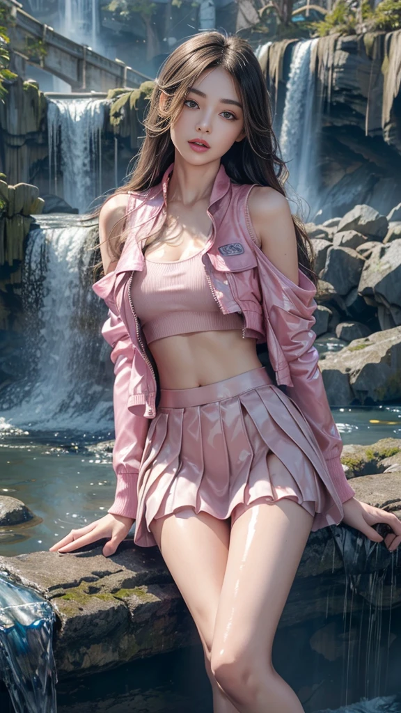 8k, masterpiece, 1 girl, beautiful face, ((very long hair)), glossy makeup, closed mouth, (glossy skin:1.5), detailed eyes, detailed lips, push up breasts, pink short jacket, ultra light vest, ((thin mini skirt)), ((under pants)), ((bare thigh)), straps clothing, (waterfall:1.5), water:1.4, steam effect, water vapor, adult pose,