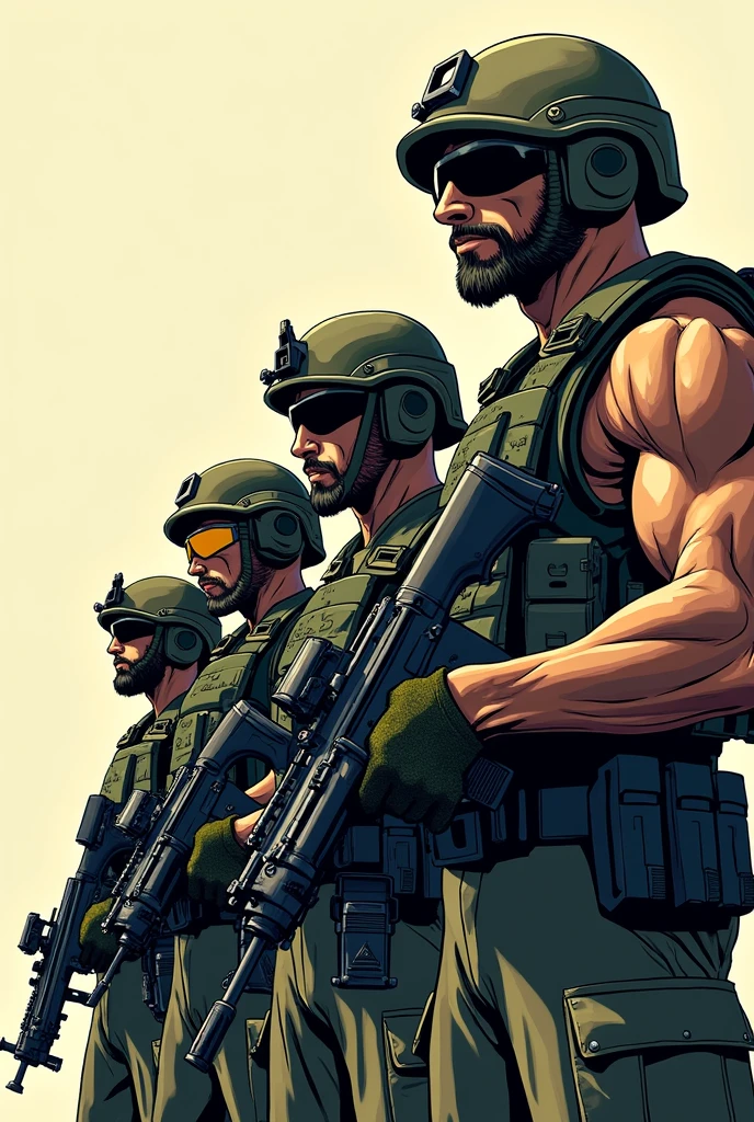 Draw comic-style armed soldiers in a row, slightly focused to the left.