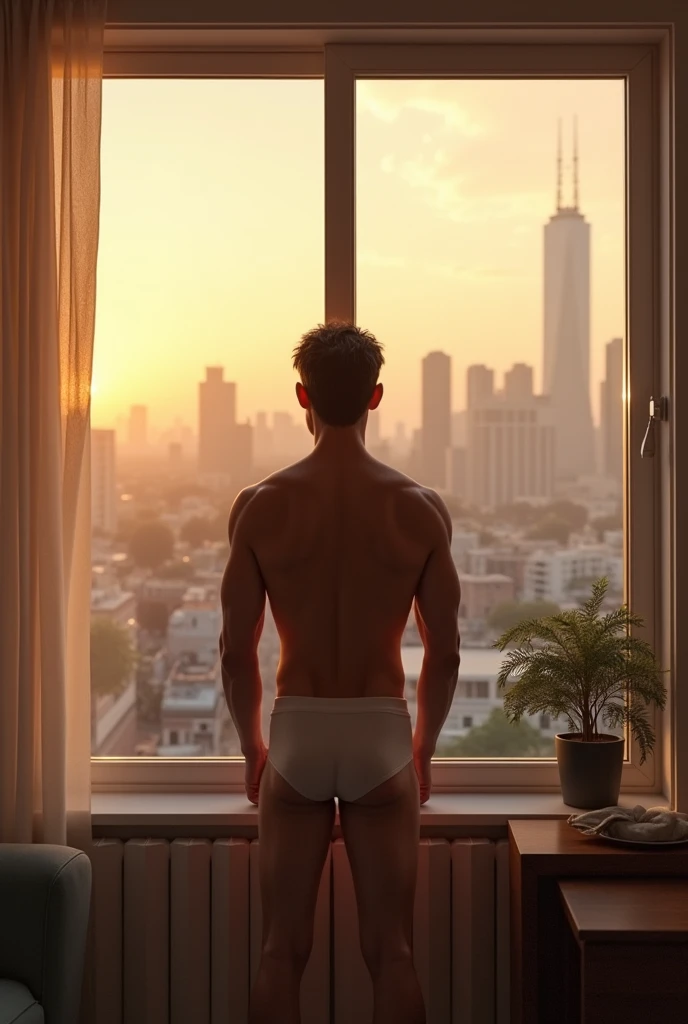 A man in his underwear looking at the view from his apartment window.