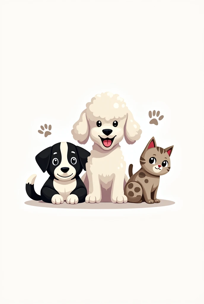 Create a logo for me featuring a black and white border collie, a white poodle, and a white cat with a light brown spot on its head. They should be positioned side-by-side, and the name "brotherspets" should be included.