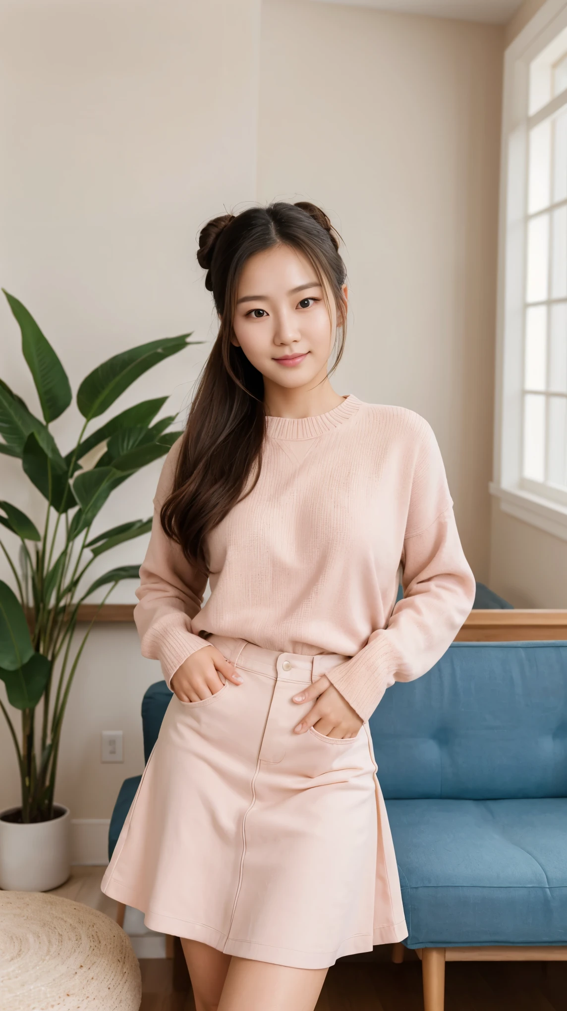 RAW, Best quality, high resolution, (masterpiece: 1.3), cute korean woman, Masterpiece, cute face, high bun hair, bright skin, fair skin, cute eyes, light make up, standing straight in living room, shy pose, serene expression, facing straight to viewer, soft pink long sweater, denim long skirt, beautiful in cute pastel shades, at noon, living room background, Great lighting, great sunlight, Bright colors, Ultra realistic clean lines, very realistic