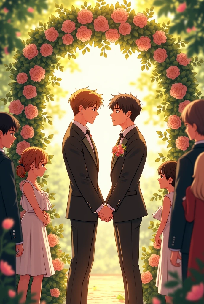 Arthur and Cain on their wedding day, Exchanging vows under a floral arch in a beautiful, sunny garden. Both are elegantly dressed and look at each other with deep emotion. Around them, Their friends and family cheer and smile, Celebrating their love. I style semi realism and anime