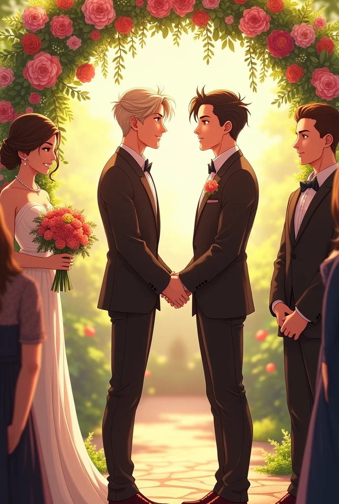 Arthur and Cain on their wedding day, Exchanging vows under a floral arch in a beautiful, sunny garden. Both are elegantly dressed and look at each other with deep emotion. Around them, Their friends and family cheer and smile, Celebrating their love. I style semi realism and anime