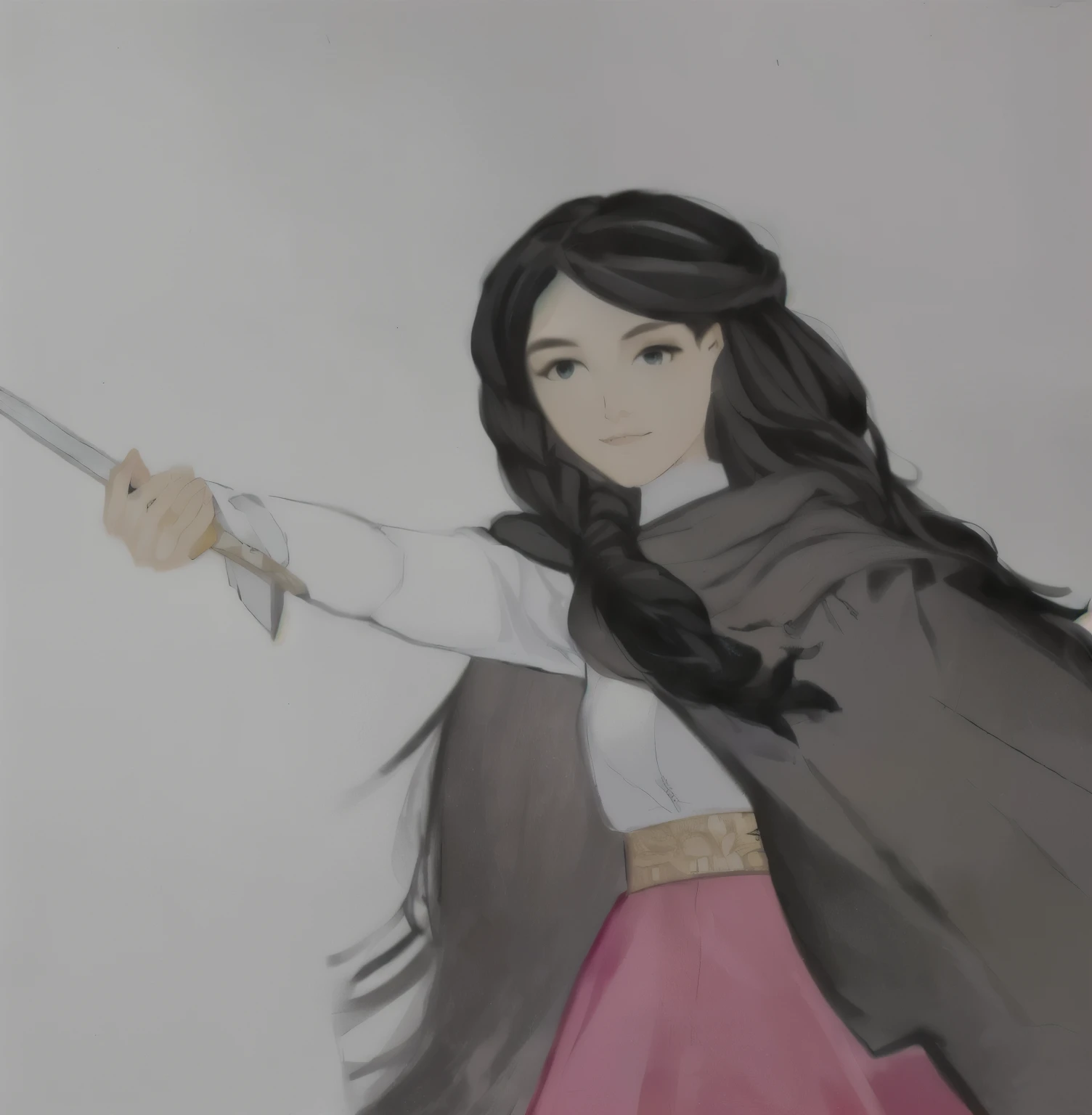 arafed drawing of a woman holding an epée in her hand, she is holding an epée, holding an epée on her shoulder,  anita garibaldi, long sword in hand, while holding an epée, holding an epée, ela está holding an epée katana, practicing your sword staces, wielding a sword, holding a longsword, holds a sword, art admirer