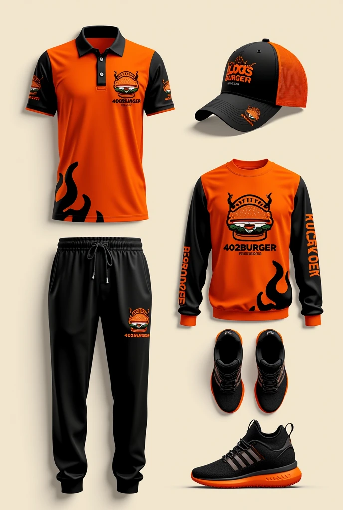 Design a complete uniform for a burger restaurant with the 402burger logo in orange and black colors with a polo shirt and jogger pants that are creative and disruptive with creative designs and flames on the sweatshirt and t-shirt and take the prints aside