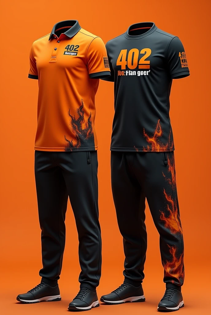 Design a complete uniform for a burger restaurant with the 402burger logo in orange and black colors with a polo shirt and jogger pants that are creative and disruptive with creative designs and flames on the sweatshirt and t-shirt and take the prints aside