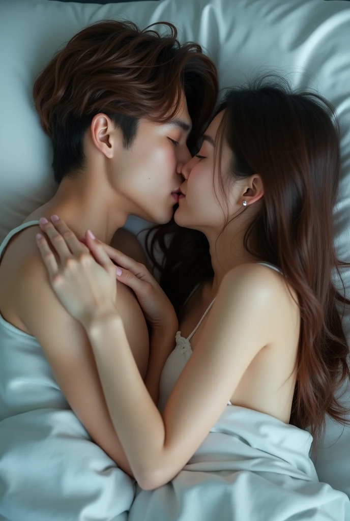 An 18-year-old Asian man and an 18-year-old Asian woman are resting in bed., She is kissing lips, Cool backgrounds, Without clothes,Beautiful Skin,The man has brown hair,The woman has long hair,