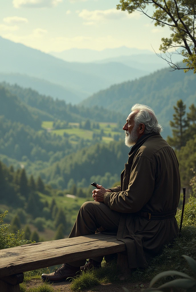 An old man sitting looking at the horizon