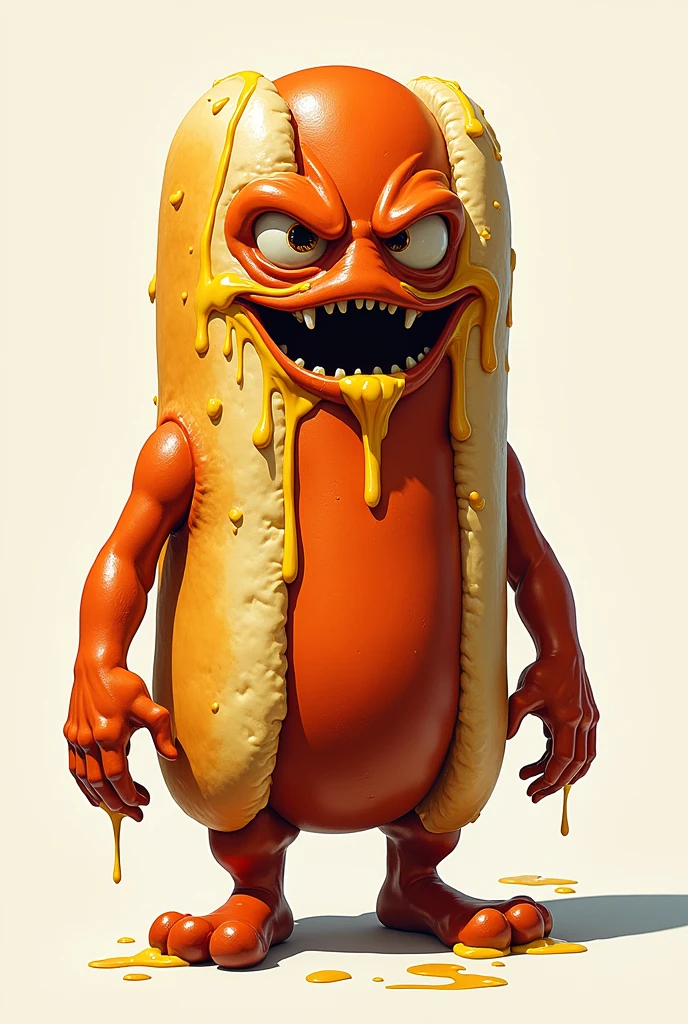 A hot dog with lots of melted mustard that wants to rule the world
