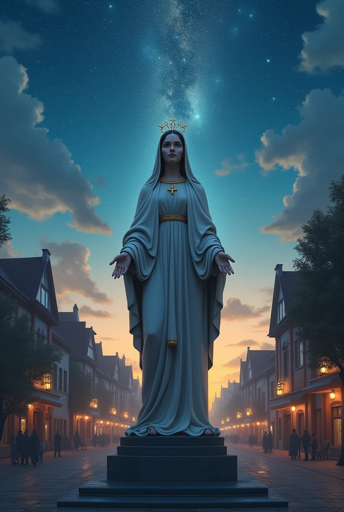 (The comic ends with the image of the statue of the Virgin of the Rosary, with a loving and protective gaze towards people, as the stars begin to twinkle in the night sky, symbolizing the divine presence in every heart that invokes her.) All this happens in the central square