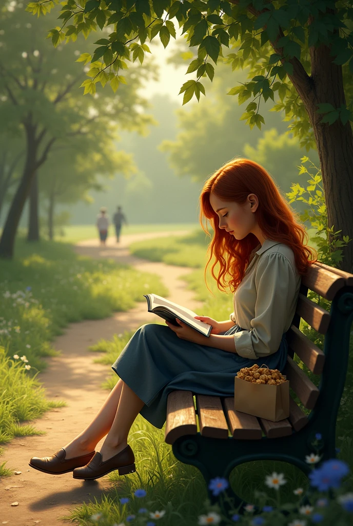 Create a girl reading a book on a park bench eating