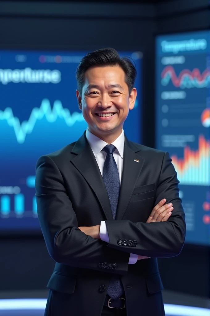 A smiling news anchor, de terno e gravata, in front of a screen showing graphs of rising temperatures
