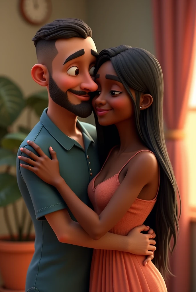 Melhor qualidade, alta qualidade, estilo pixar,  casal cor de pele negra, homen negro🧔🏾‍♂️, mulher negra👩🏾, Serious man, homen com barba, cabelos crespo, mulher sorrindo.