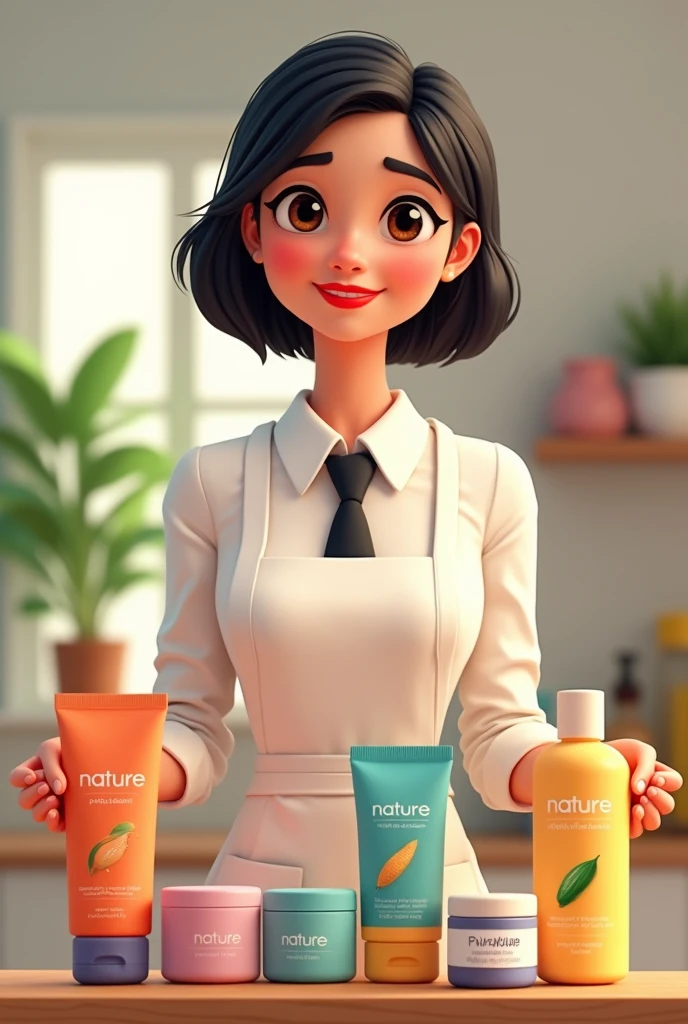 young woman, mexican, short black hair, without fringe, small brown eyes, marked nose, smile with red lipstick, with a white formal shirt, tie, black pants and apron, showing body creams of the brand "nature" Whole body, animated style
