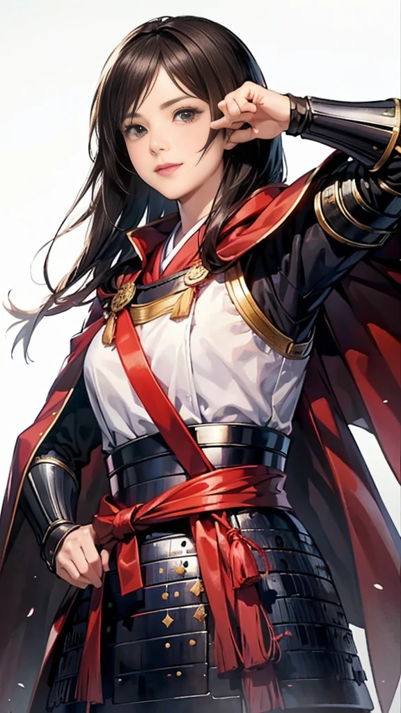 Beautiful woman with dark hair：1.3, Amazing character art, ((Knight Armor:1.3 )),((Pure white background)), (8k, RAW photo, best quality), Handsome，Beautiful female knight, 2. 5D CGI Anime Fantasy Artwork, Detailed digital art, Very nice work of art, Fan Art Best Art Station, (Red velvet long cape),(Stretch your open hand forward:1.3), (Hands on hips),(on stage:1.2),((From below)),Eyes looking into the distance,(A female general gives orders to her soldiers:1.3),Muscular,(samurai:1.2),dynamic,Confident,An inappropriate smile,Overbearing,samurai：1.2,Japan