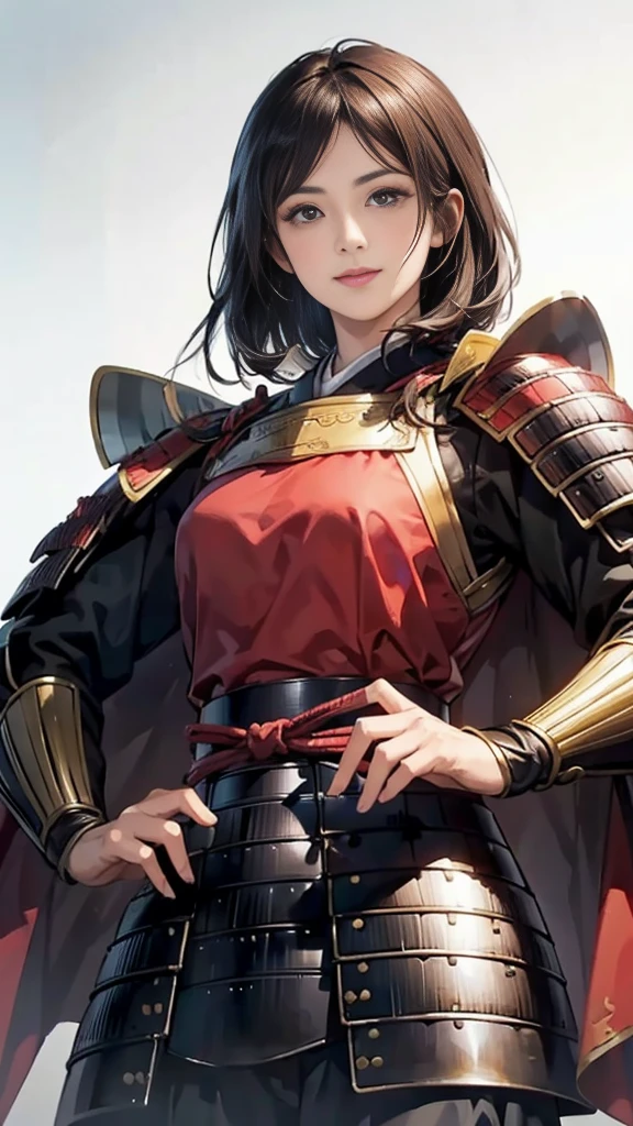 Beautiful woman with dark hair：1.3, Amazing character art, ((Knight Armor:1.3 )),((Pure white background)), (8k, RAW photo, best quality), Handsome，Beautiful female knight, 2. 5D CGI Anime Fantasy Artwork, Detailed digital art, Very nice work of art, Fan Art Best Art Station, (Red velvet long cape),(Stretch your open hand forward:1.3), (Hands on hips),(on stage:1.2),((From below)),Eyes looking into the distance,(A female general gives orders to her soldiers:1.3),Muscular,(samurai:1.2),dynamic,Confident,An inappropriate smile,Overbearing,samurai：1.2,Japan