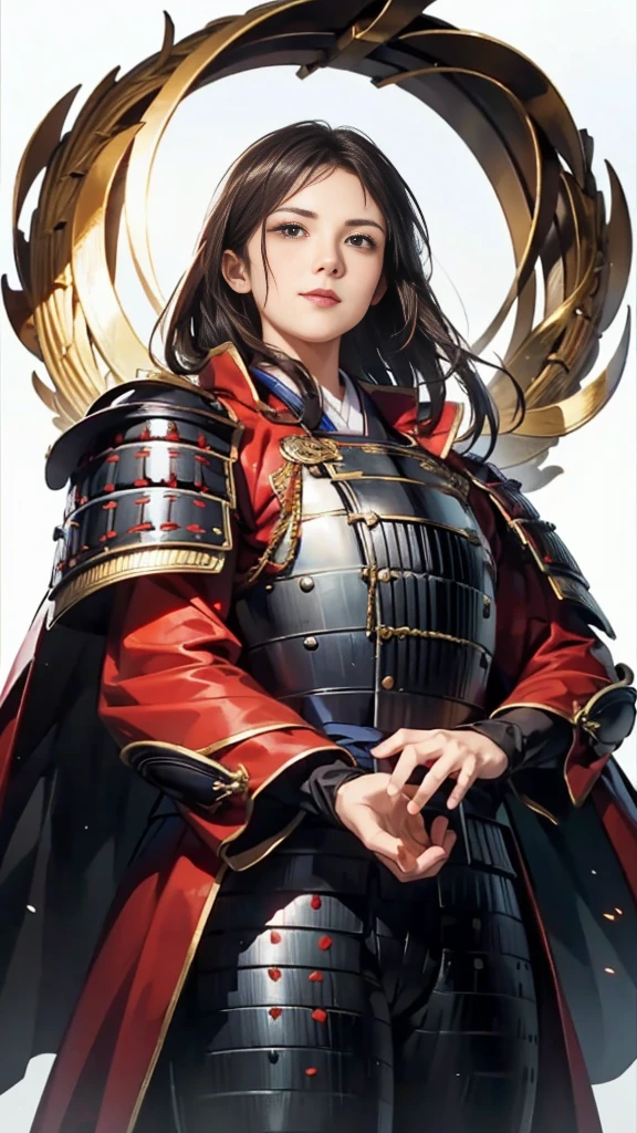 Beautiful woman with dark hair：1.3, Amazing character art, ((Knight Armor:1.3 )),((Pure white background)), (8k, RAW photo, best quality), Handsome，Beautiful female knight, 2. 5D CGI Anime Fantasy Artwork, Detailed digital art, Very nice work of art, Fan Art Best Art Station, (Red velvet long cape),(Stretch your open hand forward:1.3), (Hands on hips),(on stage:1.2),((From below)),Eyes looking into the distance,(A female general gives orders to her soldiers:1.3),Muscular,(samurai:1.2),dynamic,Confident,An inappropriate smile,Overbearing,samurai：1.2,Japan