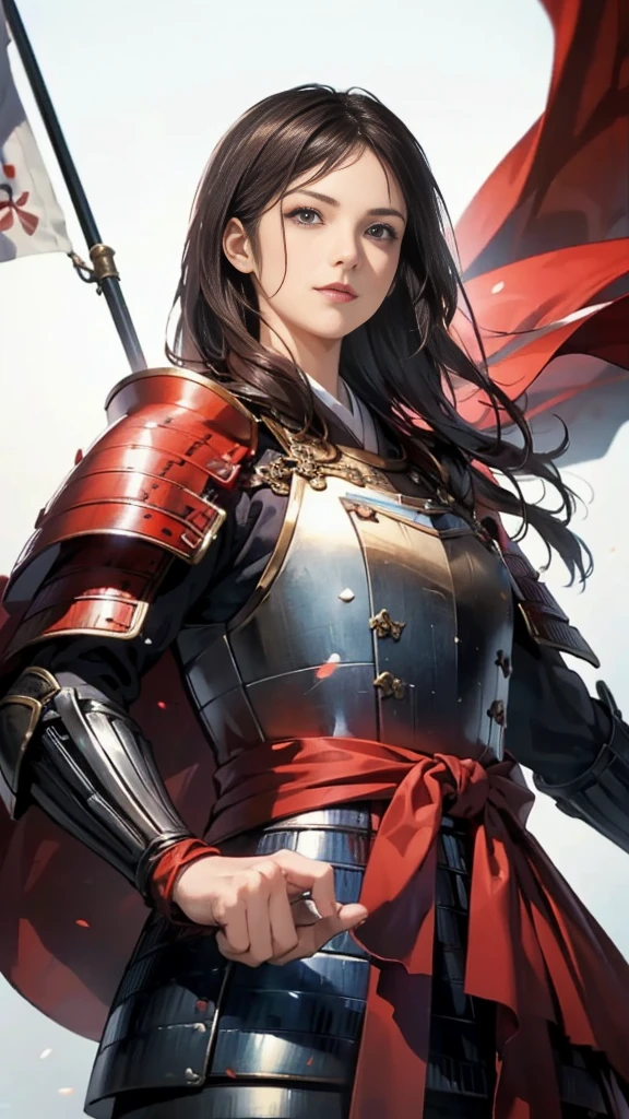 Beautiful woman with dark hair：1.3, Amazing character art, ((Knight Armor:1.3 )),((Pure white background)), (8k, RAW photo, best quality), Handsome，Beautiful female knight, 2. 5D CGI Anime Fantasy Artwork, Detailed digital art, Very nice work of art, Fan Art Best Art Station, (Red velvet long cape),(Stretch your open hand forward:1.3), (Hands on hips),(on stage:1.2),((From below)),Eyes looking into the distance,(A female general gives orders to her soldiers:1.3),Muscular,(samurai:1.2),dynamic,Confident,An inappropriate smile,Overbearing,samurai：1.2,Japan